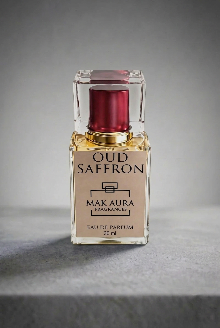 Oud Saffron 30ml perfume by MAK AURA on a grey background