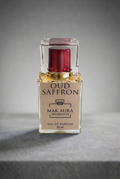 Oud Saffron 30ml perfume by MAK AURA on a grey background