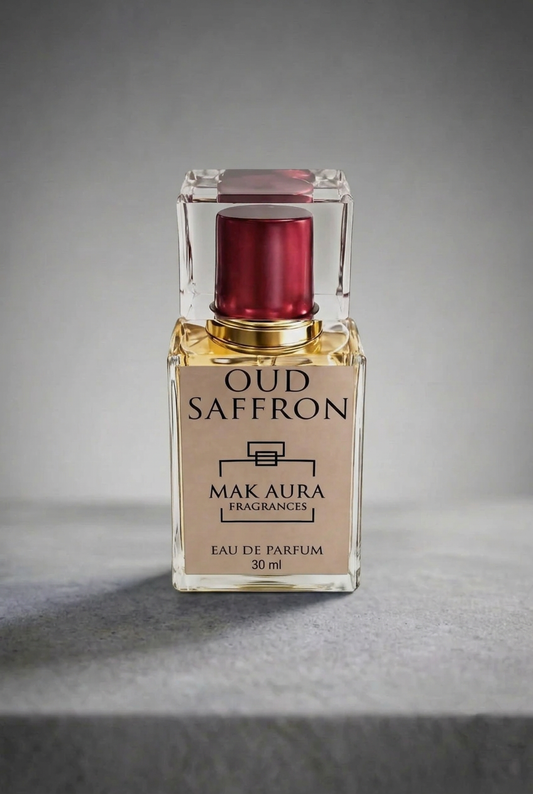 Oud Saffron 30ml perfume by MAK AURA on a grey background